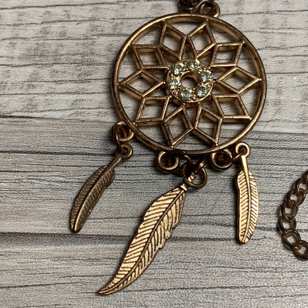 Antique Copper Tone Dreamcatcher Feather Pendant Necklace 30" Rhinestone Boho